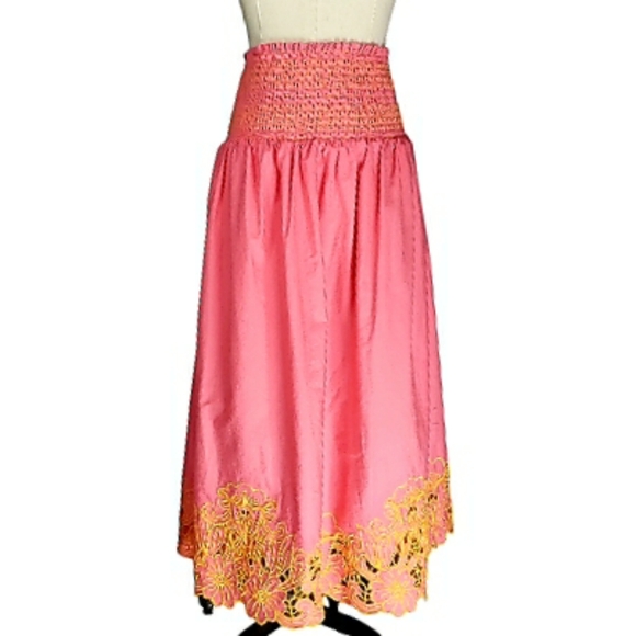 Anthropologie Smocked Waist Embroidered Cutwork Hem Maxi Skirt XL Tropical Vacay - Picture 3 of 15
